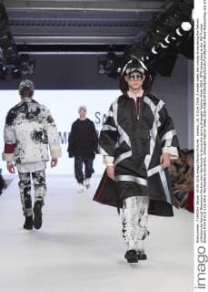 London, UK. 5 June 2016. A model walks the runway showcasing the fashion collection by Samuel Beaumont-Perkins from Northumbria University during Graduate Fashion Week 2016. GFW takes place at the Old Truman Brewery from 5 to 8 June 2016. Northumbria University, Graduate Fashion Week 2016 