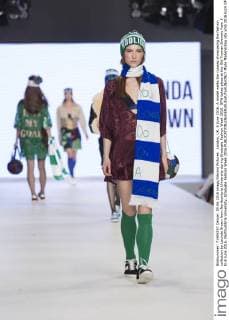London, UK. 5 June 2016. A model walks the runway showcasing the fashion collection by Lucinda Brown from Northumbria University during Graduate Fashion Week 2016. GFW takes place at the Old Truman Brewery from 5 to 8 June 2016. Northumbria University, Graduate Fashion Week 2016 