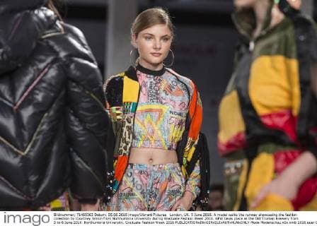 London, UK. 5 June 2016. A model walks the runway showcasing the fashion collection by Courtney Simon from Northumbria University during Graduate Fashion Week 2016. GFW takes place at the Old Truman Brewery from 5 to 8 June 2016. Northumbria University, Graduate Fashion Week 2016 