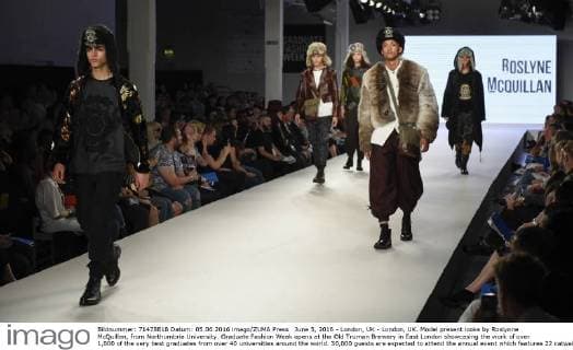 June 5, 2016 - London, UK - London, UK. Model present looks by Roslynne McQuillan, from Northumbria University. Graduate Fashion Week opens at the Old Truman Brewery in East London showcasing the work of over 1,000 of the very best graduates from over 40 universities around the world. 30,000 guests are expected to attend the annual event which features 22 catwalk shows and more. London UK  - ZUMAl94_