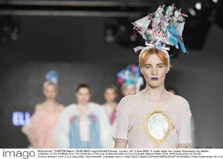 London, UK. 6 June 2016. A model walks the runway showcasing the fashion collection by Ella McMillan from the University of the Arts at Bournemouth during Graduate Fashion Week 2016. GFW takes place at the Old Truman Brewery from 5 to 8 June 2016. Bournemouth, Graduate Fashion Week 2016 