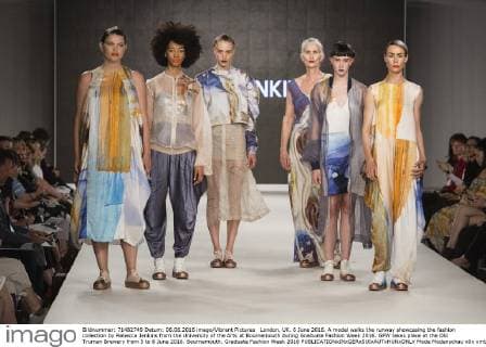London, UK. 6 June 2016. A model walks the runway showcasing the fashion collection by Rebecca Jenkins from the University of the Arts at Bournemouth during Graduate Fashion Week 2016. GFW takes place at the Old Truman Brewery from 5 to 8 June 2016. Bournemouth, Graduate Fashion Week 2016 
