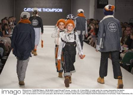 London, UK. 6 June 2016. A model walks the runway showcasing the fashion collection by Catherine Thompson from the University of the Arts at Bournemouth during Graduate Fashion Week 2016. GFW takes place at the Old Truman Brewery from 5 to 8 June 2016. Bournemouth, Graduate Fashion Week 2016 