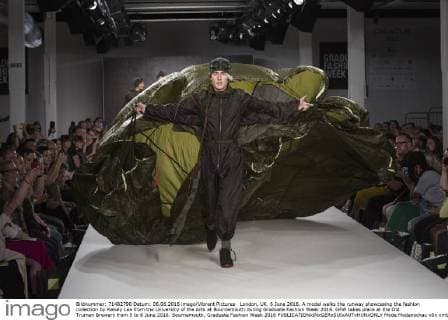 London, UK. 6 June 2016. A model walks the runway showcasing the fashion collection by Kelsey Lea from the University of the Arts at Bournemouth during Graduate Fashion Week 2016. GFW takes place at the Old Truman Brewery from 5 to 8 June 2016. Bournemouth, Graduate Fashion Week 2016 