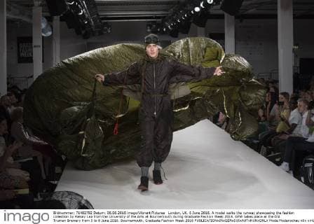 London, UK. 6 June 2016. A model walks the runway showcasing the fashion collection by Kelsey Lea from the University of the Arts at Bournemouth during Graduate Fashion Week 2016. GFW takes place at the Old Truman Brewery from 5 to 8 June 2016. Bournemouth, Graduate Fashion Week 2016 