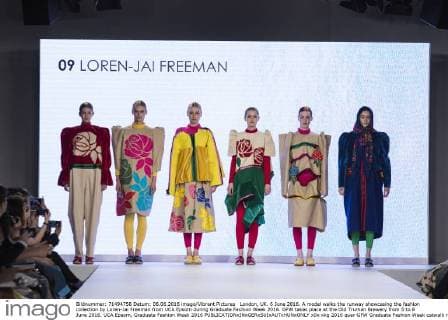 London, UK. 6 June 2016. A model walks the runway showcasing the fashion collection by Loren-Jai Freeman from UCA Epsom during Graduate Fashion Week 2016. GFW takes place at the Old Truman Brewery from 5 to 8 June 2016. UCA Epsom, Graduate Fashion Week 2016 