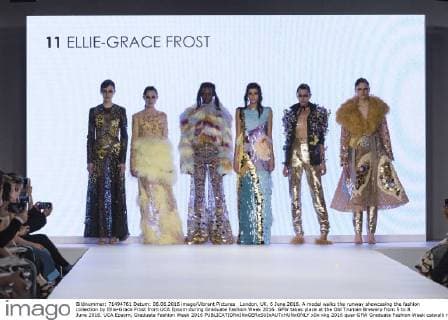 London, UK. 6 June 2016. A model walks the runway showcasing the fashion collection by Ellie-Grace Frost from UCA Epsom during Graduate Fashion Week 2016. GFW takes place at the Old Truman Brewery from 5 to 8 June 2016. UCA Epsom, Graduate Fashion Week 2016 