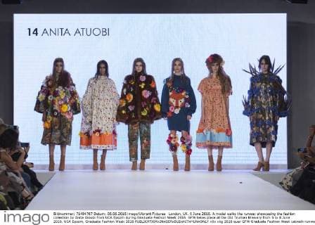 London, UK. 6 June 2016. A model walks the runway showcasing the fashion collection by Anita Atoubi from UCA Epsom during Graduate Fashion Week 2016. GFW takes place at the Old Truman Brewery from 5 to 8 June 2016. UCA Epsom, Graduate Fashion Week 2016 