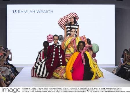 London, UK. 6 June 2016. A model walks the runway showcasing the fashion collection by Ramlah Wraich from UCA Epsom during Graduate Fashion Week 2016. GFW takes place at the Old Truman Brewery from 5 to 8 June 2016. UCA Epsom, Graduate Fashion Week 2016 