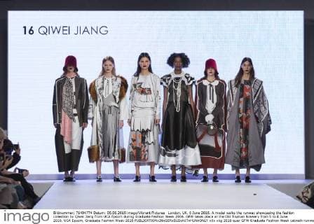 London, UK. 6 June 2016. A model walks the runway showcasing the fashion collection by Qiwei Jiang from UCA Epsom during Graduate Fashion Week 2016. GFW takes place at the Old Truman Brewery from 5 to 8 June 2016. UCA Epsom, Graduate Fashion Week 2016 