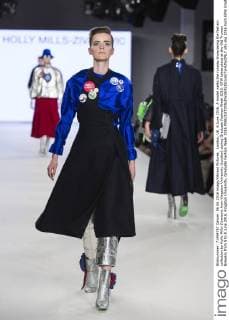 London, UK. 6 June 2016. A model walks the runway showcasing the fashion collection by Holly Mills-Zivanovic from Kingston University (London) during Graduate Fashion Week 2016. GFW takes place at the Old Truman Brewery from 5 to 8 June 2016. Kingston University, Graduate Fashion Week 2016 