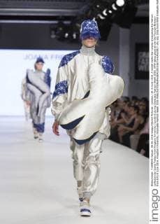 London, UK. 6 June 2016. A model walks the runway showcasing the fashion collection by Joana Freitas from Kingston University (London) during Graduate Fashion Week 2016. GFW takes place at the Old Truman Brewery from 5 to 8 June 2016. Kingston University, Graduate Fashion Week 2016 
