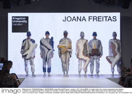 London, UK. 6 June 2016. A model walks the runway showcasing the fashion collection by Joana Freitas from Kingston University (London) during Graduate Fashion Week 2016. GFW takes place at the Old Truman Brewery from 5 to 8 June 2016. Kingston University, Graduate Fashion Week 2016 