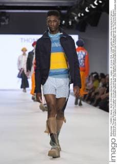 London, UK. 6 June 2016. A model walks the runway showcasing the fashion collection by Thomas Skinner from Kingston University (London) during Graduate Fashion Week 2016. GFW takes place at the Old Truman Brewery from 5 to 8 June 2016. Kingston University, Graduate Fashion Week 2016 