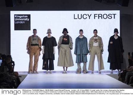 London, UK. 6 June 2016. A model walks the runway showcasing the fashion collection by Lucy Frost from Kingston University (London) during Graduate Fashion Week 2016. GFW takes place at the Old Truman Brewery from 5 to 8 June 2016. Kingston University, Graduate Fashion Week 2016 