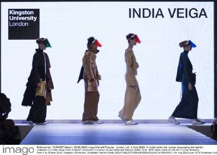 London, UK. 6 June 2016. A model walks the runway showcasing the fashion collection by India Veiga from Kingston University (London) during Graduate Fashion Week 2016. GFW takes place at the Old Truman Brewery from 5 to 8 June 2016. Kingston University, Graduate Fashion Week 2016 