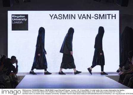 London, UK. 6 June 2016. A model walks the runway showcasing the fashion collection by Yasmin Van-Smith from Kingston University (London) during Graduate Fashion Week 2016. GFW takes place at the Old Truman Brewery from 5 to 8 June 2016. Kingston University, Graduate Fashion Week 2016 