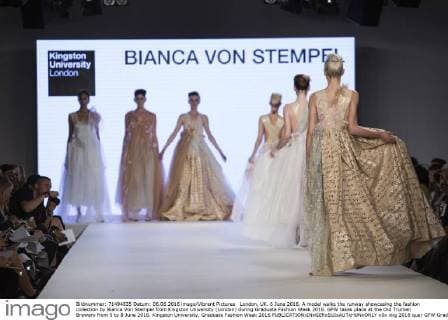 London, UK. 6 June 2016. A model walks the runway showcasing the fashion collection by Bianca Von Stempel from Kingston University (London) during Graduate Fashion Week 2016. GFW takes place at the Old Truman Brewery from 5 to 8 June 2016. Kingston University, Graduate Fashion Week 2016 