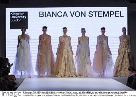 London, UK. 6 June 2016. A model walks the runway showcasing the fashion collection by Bianca Von Stempel from Kingston University (London) during Graduate Fashion Week 2016. GFW takes place at the Old Truman Brewery from 5 to 8 June 2016. Kingston University, Graduate Fashion Week 2016 