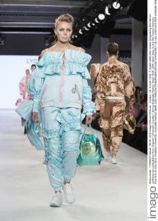 London, UK. 6 June 2016. A model walks the runway showcasing the fashion collection by Lydia Bolton from Kingston University (London) during Graduate Fashion Week 2016. GFW takes place at the Old Truman Brewery from 5 to 8 June 2016. Kingston University, Graduate Fashion Week 2016 