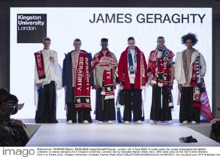 London, UK. 6 June 2016. A model walks the runway showcasing the fashion collection by James Geraghty from Kingston University (London) during Graduate Fashion Week 2016. GFW takes place at the Old Truman Brewery from 5 to 8 June 2016. Kingston University, Graduate Fashion Week 2016 