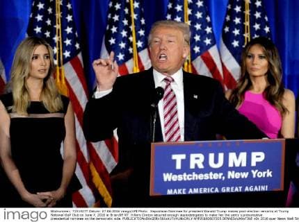 Republican Nominee for president Donald Trump makes post-election remarks at Trump National Golf Club on June 7, 2016 in Briarcliff NY. Hillary Clinton secured enough superdelegates to make her the party s presumptive presidential nominee on the democratic side.  NYP20160607205 DENNISxVANxTINE