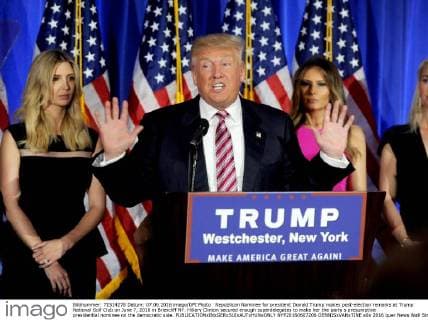 Republican Nominee for president Donald Trump makes post-election remarks at Trump National Golf Club on June 7, 2016 in Briarcliff NY. Hillary Clinton secured enough superdelegates to make her the party s presumptive presidential nominee on the democratic side.  NYP20160607206 DENNISxVANxTINE