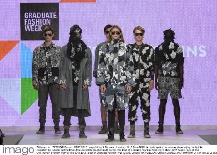 London, UK. 8 June 2016. A model walks the runway showcasing the fashion collection by George Hollins from Arts University Bournemouth during The Best of Graduate Fashion Week 2016 show. GFW takes place at the Old Truman Brewery from 5 to 8 June 2016. Best of Graduate Fashion Week 2016, London, UK 