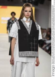 London, UK. 8 June 2016. A model walks the runway showcasing the fashion collection by Hazel Symons from De Montfort University Leicester during The Best of Graduate Fashion Week 2016 show. GFW takes place at the Old Truman Brewery from 5 to 8 June 2016. Best of Graduate Fashion Week 2016, London, UK 