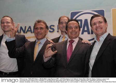(L-R) President of the National Action Party Ricardo Anaya, Veracruz s appointed candidate Miguel Angel Yunes, President of the Democratic Revolution Party (PRD) Agustin Basave, Quintana Roo s apointed candidate Carlos Joaquin Gonzalez, and Durango s appointed candidate Jose Rosas Aispuro deliver a joint presser in Mexico City, Mexico, 8 June 2016. The conservative National Action Party won seven of the 12 states in last Sunday s governor s election. MEXICO ELECTION !ACHTUNG: NUR REDAKTIONELLE NUTZUNG!  CMM002 20160608-636010185121721838