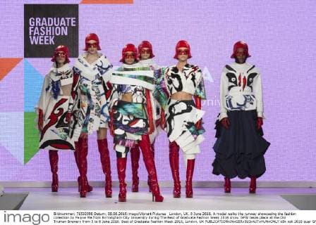 London, UK. 8 June 2016. A model walks the runway showcasing the fashion collection by Feiyve Ma from Birmingham City University during The Best of Graduate Fashion Week 2016 show. GFW takes place at the Old Truman Brewery from 5 to 8 June 2016. Best of Graduate Fashion Week 2016, London, UK 