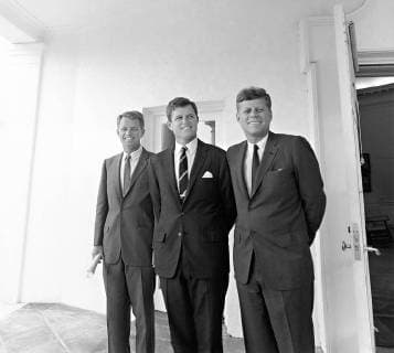 August 28, 1963 - Washington, DC, United States of America - U.S President John F. Kennedy stands with his brothers Attorney General Robert Kennedy, left, and Senator Ted Kennedy just outside Oval Office August 28, 1963 in Washington, DC. Washington United States of America - ZUMAp138