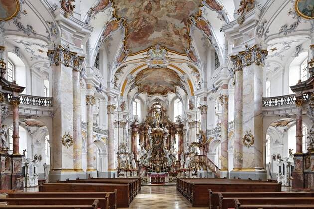  Kirchenschiff mit Altarraum, Barocke Wallfahrtskirche, Basilika Vierzehnheiligen, Bad Staffelstein, Oberfranken, Franken, Bayern, Deutschland, Europa Copyright: imageBROKER/NorbertxProbst iblnpr04371219.jpg