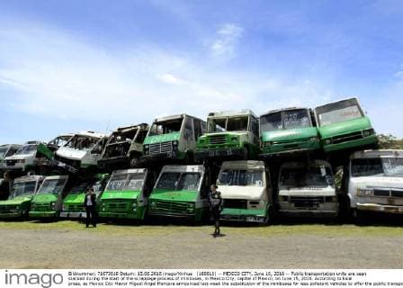 (160616) -- MEXICO CITY, June 16, 2016 -- Public transportation units are seen stacked during the start of the scrappage process of minibuses, in Mexico City, capital of Mexico, on June 15, 2016. According to local press, as Mexico City Mayor Miguel Angel Mancera announced last week the substitution of the minibuses for less pollutant vehicles to offer the public transportation service, the scrappage process began on Wednesday. Str) (da) (fnc) MEXICO-MEXICO CITY-TRANSPORTATION-SCRAPPAGE e STR 