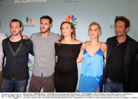 LOS ANGELES - JUN 16: Aquarius Cast, Gethin Anthony, Grey Damon, Michaela McManus, Claire Holt, David Duchovny at the Aquarius Season 2 Premiere Screening Arrivals at the Paley Center For Media on June 16, 2016 in Beverly Hills, CA  KathyxHutchins