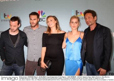 LOS ANGELES - JUN 16: Aquarius Cast, Gethin Anthony, Grey Damon, Michaela McManus, Claire Holt, David Duchovny at the Aquarius Season 2 Premiere Screening Arrivals at the Paley Center For Media on June 16, 2016 in Beverly Hills, CA  KathyxHutchins