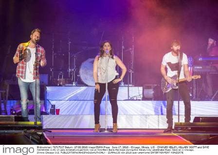 June 17, 2016 - Chicago, Illinois, U.S - CHARLES KELLEY, HILLARY SCOTT and DAVE HAYWOOD (L-R) of Lady Antebellum perform live at FirstMerit Bank Pavilsion during the Windy City LakeShake Music Festival in Chicago, Illinois Chicago U.S. - ZUMAs135
