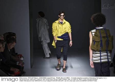 MILAN, June 19, 2016 -- A model presents a creation of Salvatore Ferragamo men s Spring-Summer 2016-2017 collection, part of the Milan Fashion Week in Milan, Italy, on June 19, 2016. ) ITALY-MILAN-FASHION WEEK-MEN-SALVATORE FERRAGAMO jinxyu 