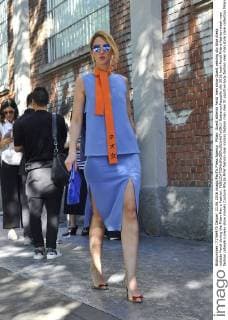 Milan: Guest attends Fendi men show Guest vearing sky blue dress outside Fendi during the Milan Men s Fashion.  GaetanoxPiazzolla