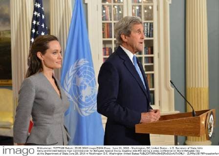 June 20, 2016 - Washington, DC, United States - U.S. Secretary of State John Kerry and United Nations High Commissioner for Refugees Special Envoy Angelina Jolie Pitt during a press conference on World Refugees Day at the Department of State June 20, 2016 in Washington D.C. Washington United States - ZUMAp138