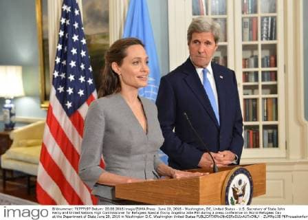 June 20, 2016 - Washington, DC, United States - U.S. Secretary of State John Kerry and United Nations High Commissioner for Refugees Special Envoy Angelina Jolie Pitt during a press conference on World Refugees Day at the Department of State June 20, 2016 in Washington D.C. Washington United States - ZUMAp138
