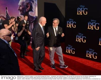 Composer John Williams (L), who scored the soundtrack for the Steven Spielberg (R) directed motion picture fantasy BFG attends the premiere of the film at the El Capitan Theatre in the Hollywood section of Los Angeles on June 21, 2016. Storyline: A girl named Sophie encounters the Big Friendly Giant who, despite his intimidating appearance, turns out to be a kindhearted soul who is considered an outcast by the other giants because, unlike them, he refuses to eat children.  LAP2016062118 JIMxRUYMEN