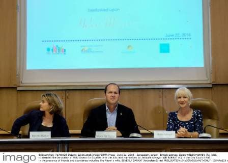 June 22, 2016 - Jerusalem, Israel - British actress, Dame HELEN MIRREN (R), DBE, is awarded the Jerusalem of Gold Award for Excellence in the Arts and Humanities by Jerusalem Mayor NIR BARKAT (C) in the City Council Hall in the presence of friends and dignitaries including the Mayor s wife, BEVERLY BARKAT Jerusalem Israel - ZUMAa126