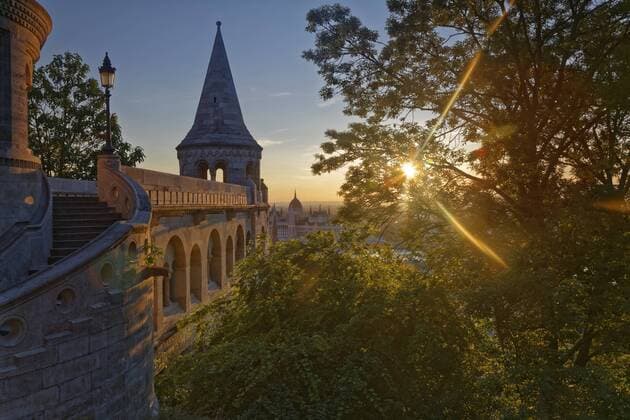 Hungary, Budapest, View to Fisherman s Bastion and Parliament building in the evening  GFF000606