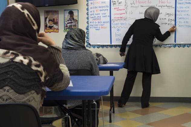 December 17, 2015 - Sacramento, California, U.S. - Afghan women, who didn t want their faces photographed, participate in an English class taught by Dr. Fahim Pirzada on Thurs., Dec. 17, 2015 in Sacramento, Calif. Pirzada created the class at his apartment complex to help the refugees with their resettlement requirement to learn English. The women s husbands worked as interpreters with the U.S. Armed Forces in war-torn Afghanistan. Threatened by the Taliban, they were granted Special Immigrant Visas to the United States. Under Taliban rule in Afghanistan, women are forbidden to attend school. When they arrive to the states, they often feel trapped in their apartments, unable to drive or speak English, explains Pirzada. Sacramento U.S. - ZUMAs76_