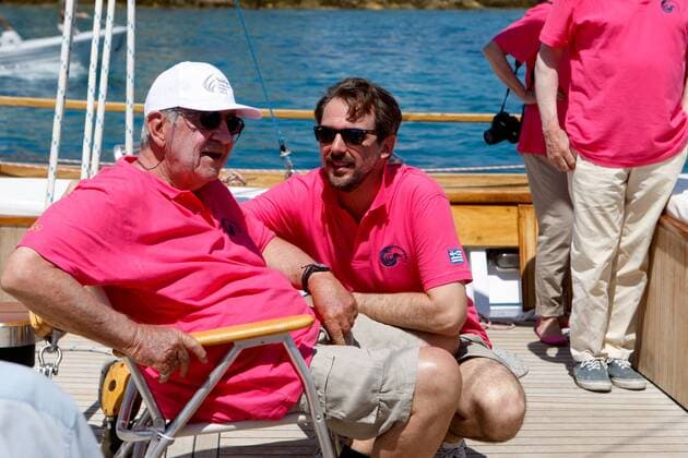 July 1, 2016 - Spetses Island, Greece - King CONSTANTINE of Greece with his son Prince NIKOLAOS of Greece participate with their traditional boat Afroessa, at Spetses Classic Yacht Regatta 2016. Spetses Island Greece - ZUMAv62_