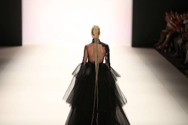 Germany: Irene Luft at the Mercedes-Benz Fashion Week Model wears the collection of Irene Luft during the catwalk in the Erika Hess Ice Stadium in Berlin-Wedding. Numerous labels are taking part in the German fashion week for the 2017 spring summer season.  SimonexKuhlmey