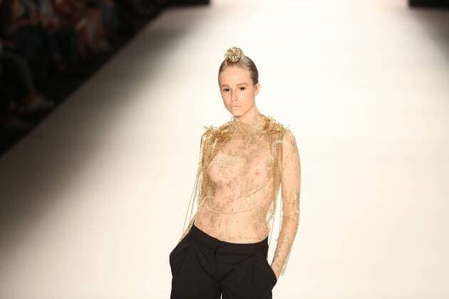 Germany: Irene Luft at the Mercedes-Benz Fashion Week Model wears the collection of Irene Luft during the catwalk in the Erika Hess Ice Stadium in Berlin-Wedding. Numerous labels are taking part in the German fashion week for the 2017 spring summer season.  SimonexKuhlmey