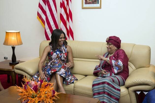 June 27, 2016 - Monrovia, Liberia - U.S First Lady Michelle Obama meets privately with Liberian President Ellen Johnson Sirleaf on arrival at Monrovia Roberts International Airport June 27, 2016 in Monrovia, Liberia. Monrovia Liberia - ZUMAp138