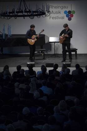 GEISENHEIM, July 6, 2016 -- Hungarian guitar duo The Katona Twins , comprising Peter and Zoltan Katona, perform during the Rheingau Music Festival in Schloss Johannisberg in Geisenheim, Germany, on July 6, 2016. The 29th Rheingau Music Festival is held here from June 18 to August 27. ) GERMANY-GEISENHEIM-RHEINGAU MUSIC FESTIVAL LuoxHuanhuan 